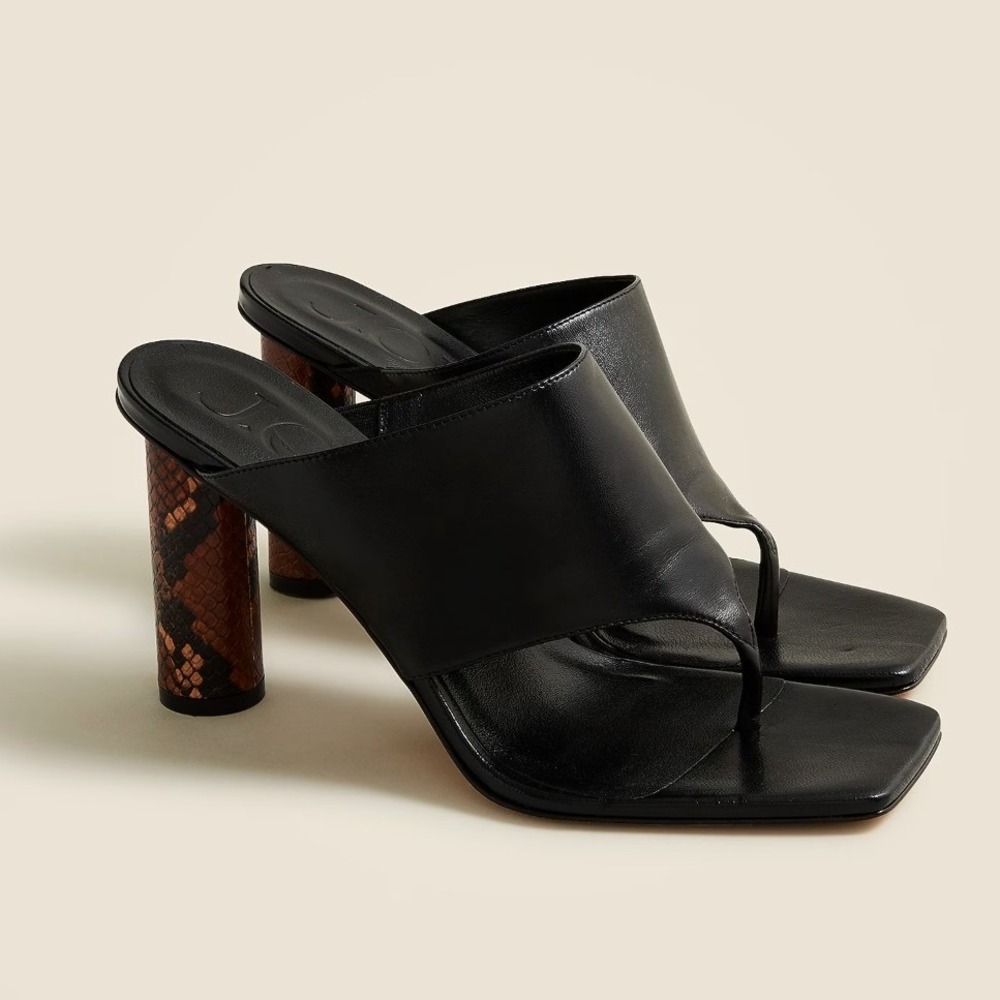 J.Crew Black Leather Wide Thong Heel Square Toe Snakeskin‎ Block Sandal BX895 8